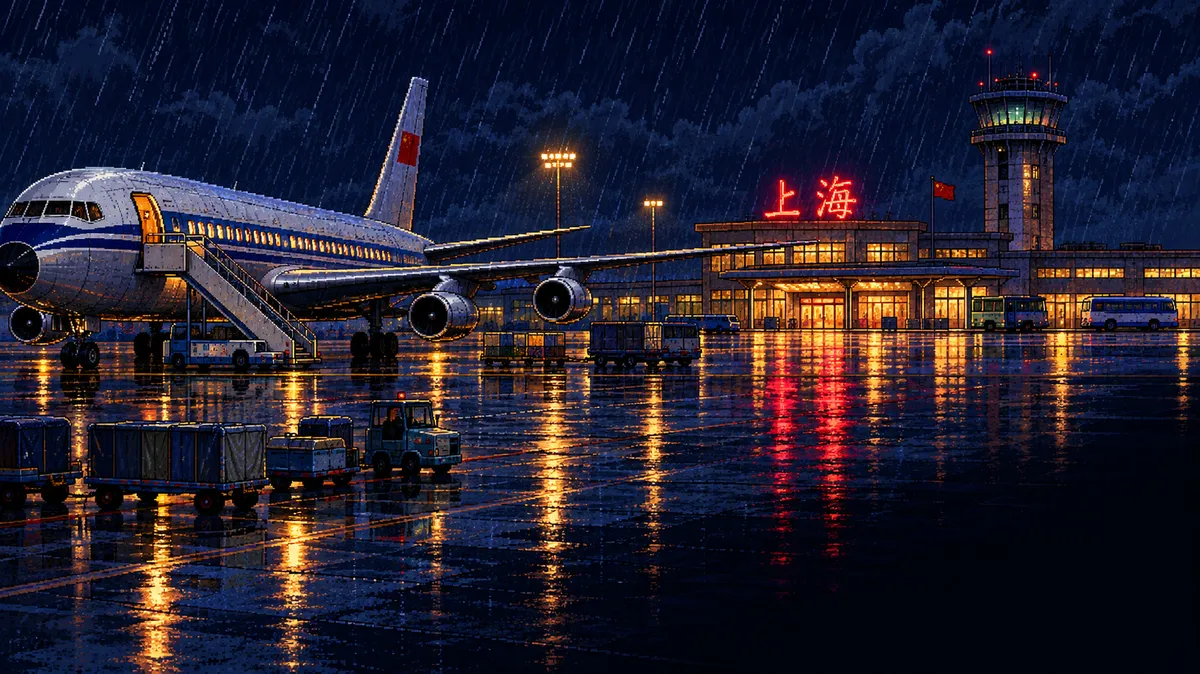 A passenger plane on a rainy airfield at night, the Shanghai terminal lit up behind it