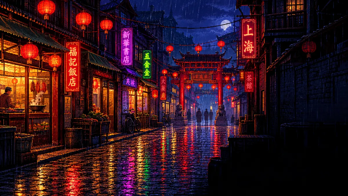 A narrow old-town street with neon signs and lanterns leading to a red gate