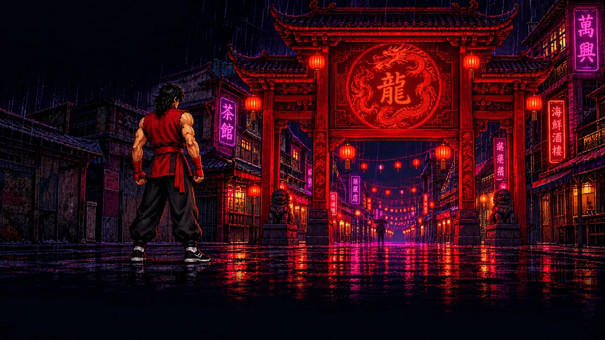 Kai Chen in front of a huge red gate with a dragon emblem