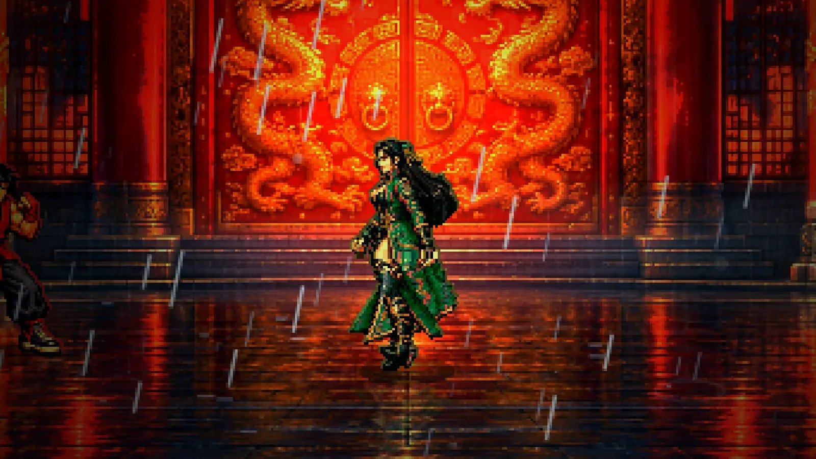 Jade Viper in a green coat in front of a red temple gate with golden dragons