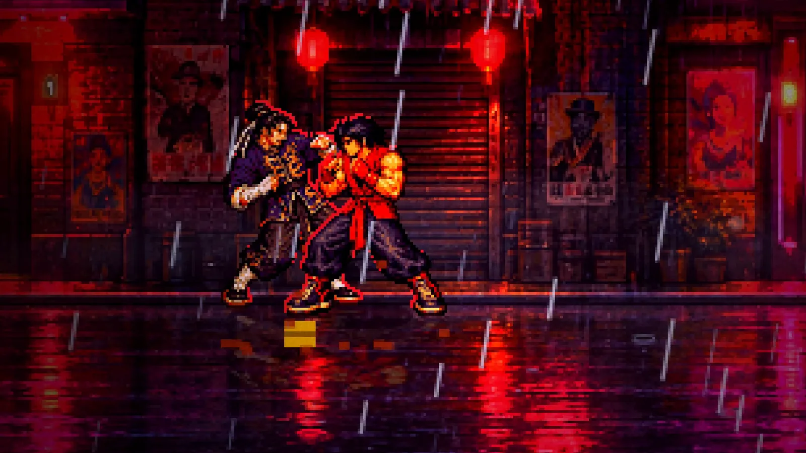 Kai Chen trades blows with a gang member in a dark alley lit by red lanterns